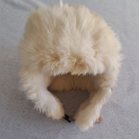 White Rabbit Fur Embroidered Aviator Trapper Hat - Tan - Picture 7 of 10